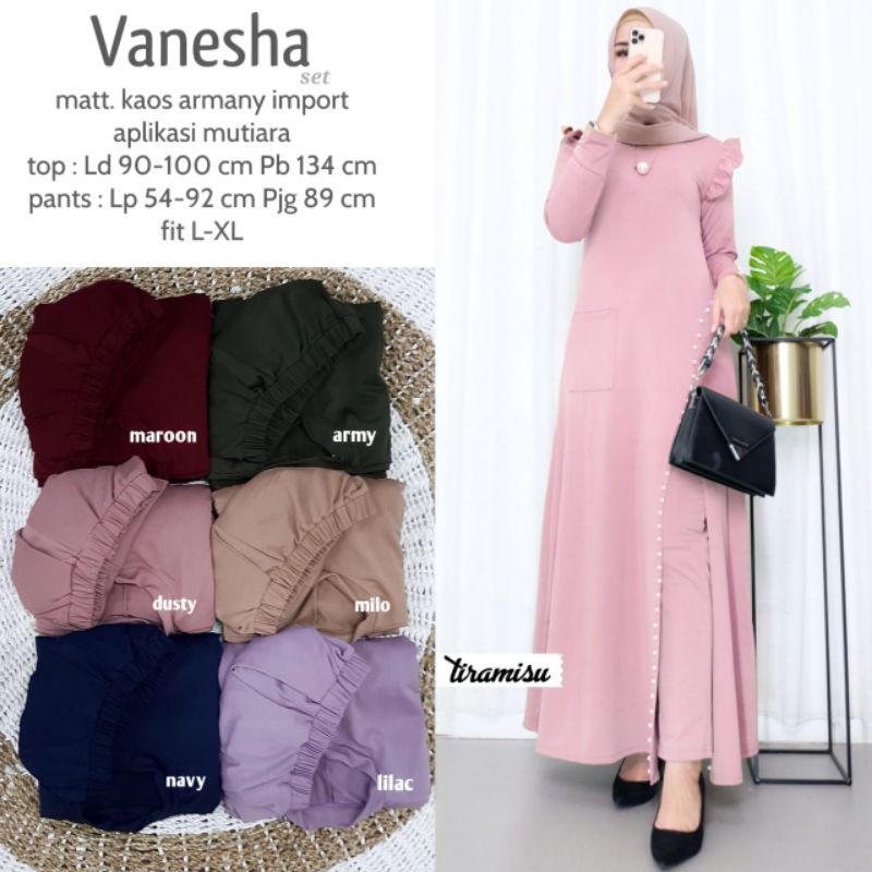 Pakaian Wanita ORIGINAL Vanesha Set bahan Kaos Armani Import apl Mutiara bisa COD