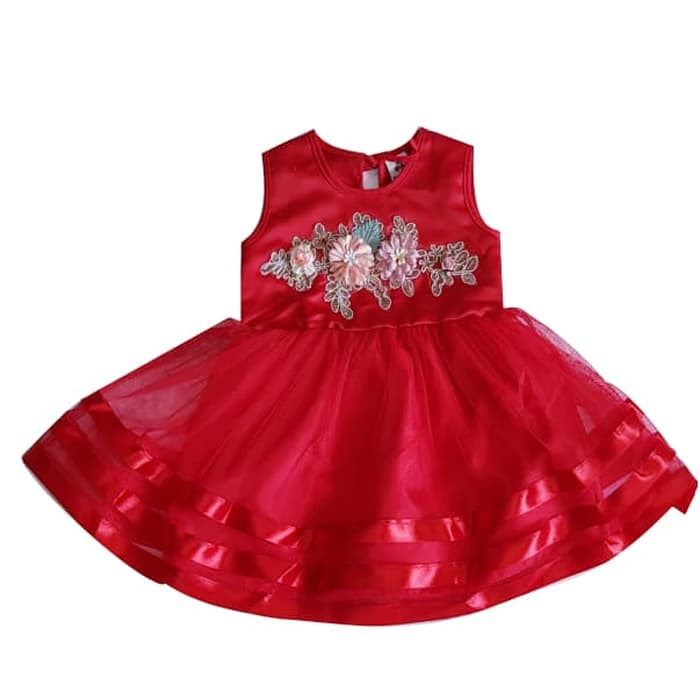 dress gaun pesta natal red dres anak baju bayi perempuan 6 7 8 9 10 11 bulan 1 2 tahun merah pink