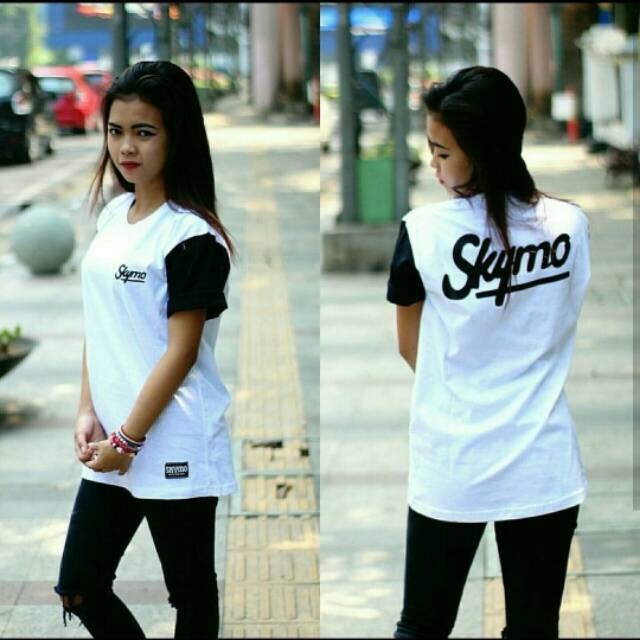 Kaos pria lengan pendek skymo putih lengan hitam