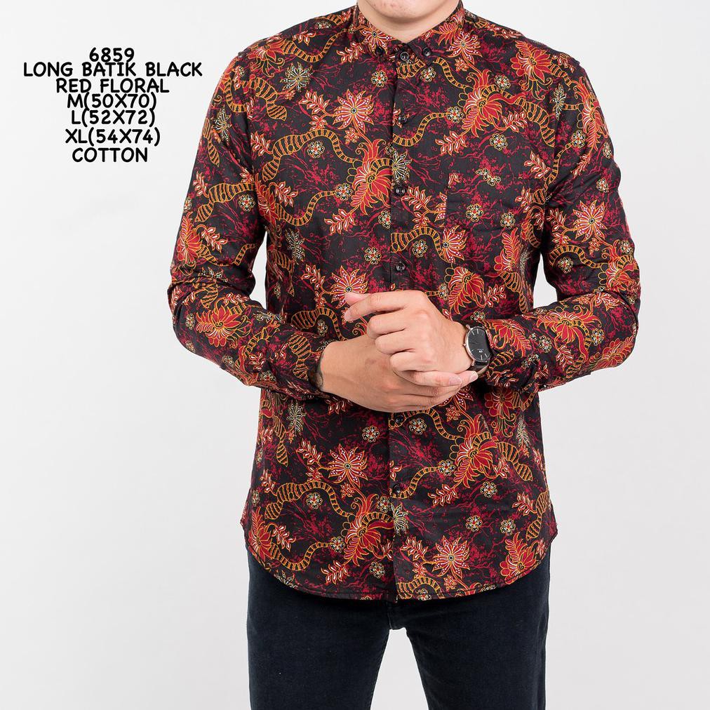 Credomenstore Kemeja Batik Pria Lengan Panjang Hitam Full Motif Floral Merah / Baju Cowok Lte