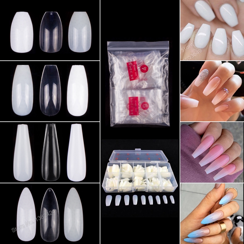 100pcs/600pcs Kuku Palsu Akrilik Bening 10 Ukuran 600pcs/warna Putih Untuk Nail Art/Manicure Diy