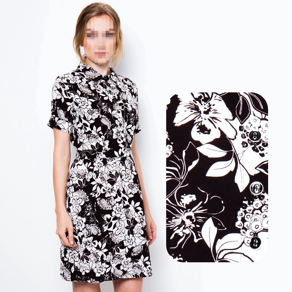 Dress Midi Branded Premium Chanira Motif Bunga Hitam Putih Simple