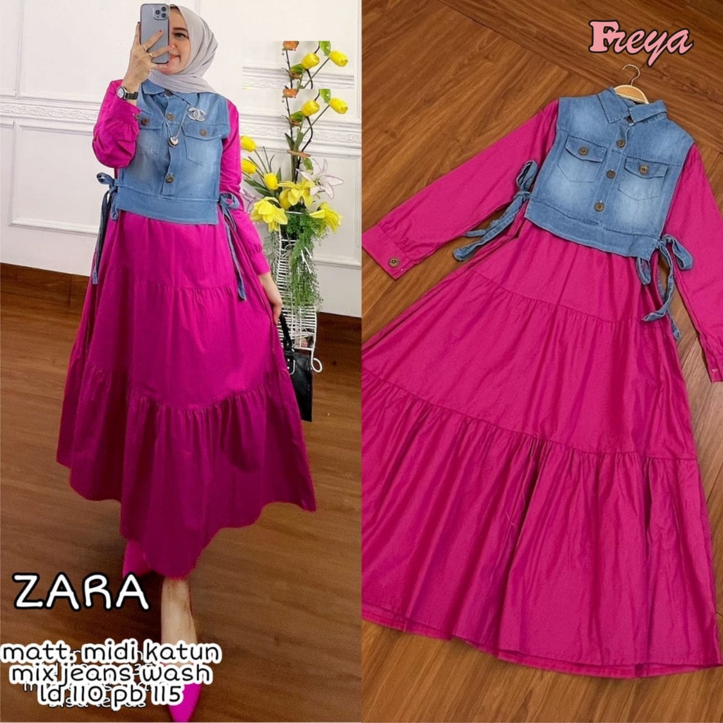 ZARA DRESS WANITA MIDI BAHAN KATUN MIX JEANS WASH