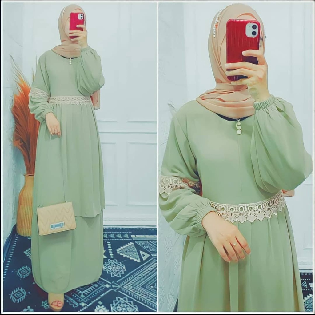 Gamis Dress Melayu Pakaian Muslim Wanita Ceruty Babydoll  Aplikasi Renda Kekinian Denada Dress