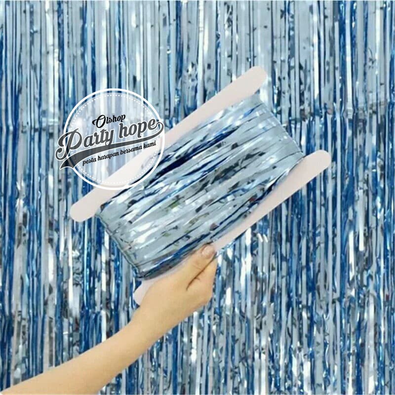 tirai foil biru muda / tirai biru soft / backdrop foil fringe curtain background biru soft ...