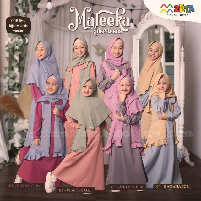 PAKAIAN MUSLIM ANAK REMAJA/ GAMIS SET OUTER,HIJAB / BAJU MUSLIM MALEEKA ZETA TERBARU