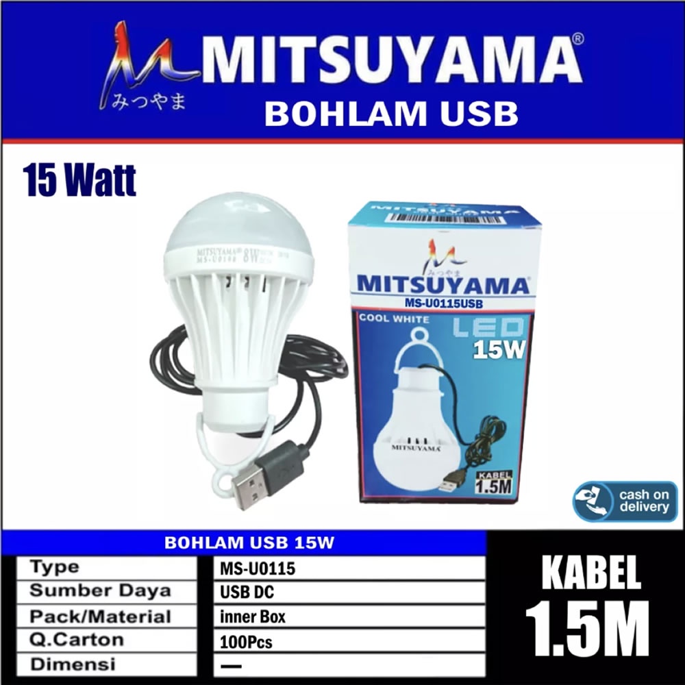 Bohlam USB Emergency 5 / 8 / 10 / 15 Watt LED Mitsuyama Lampu Panjang Kabel 1,5 Meter