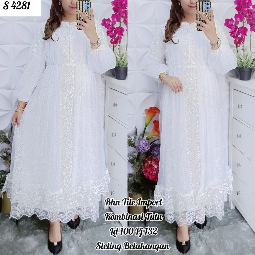 SS 4281. GAMIS PUTIH MAXI DRESS/LONG DRESS TILE/PAKAIAN MUSLIM PREMIUM QUALITY REAL PICT