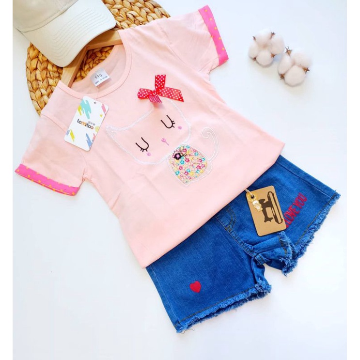 Setelan kaos anak perempuan set jeans import