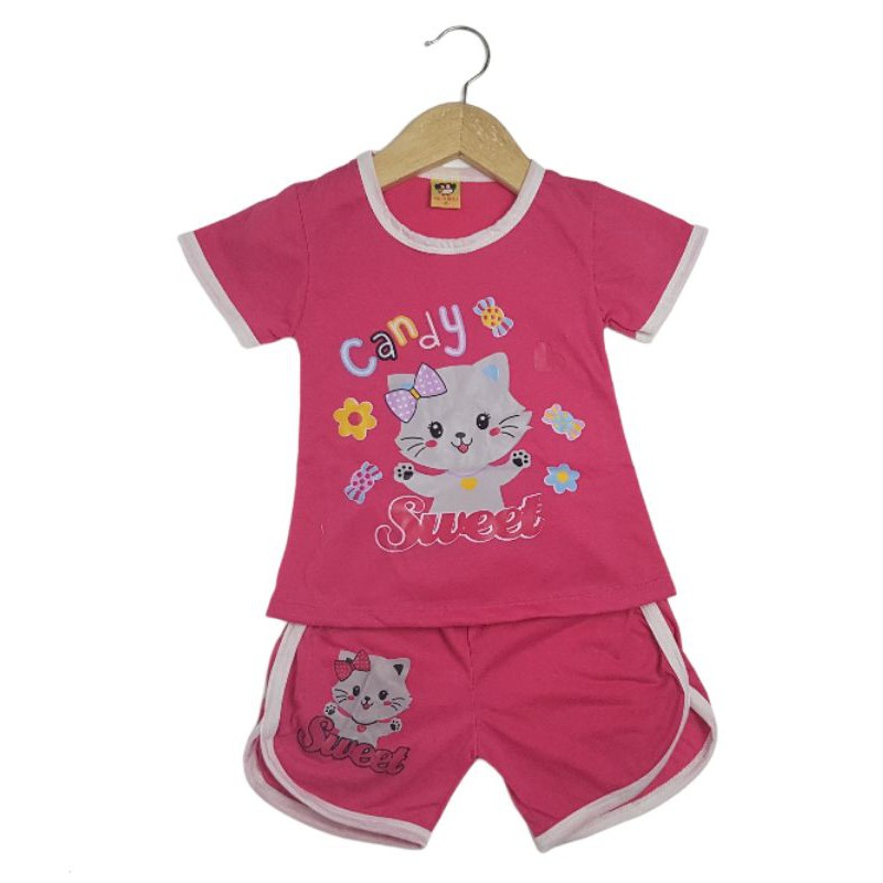 SETELAN SI JAMBUL PAKAIAN BAJU ANAK PEREMPUAN 2-7 TAHUN MOTIF SWEET CAT ABU LOLIPOP