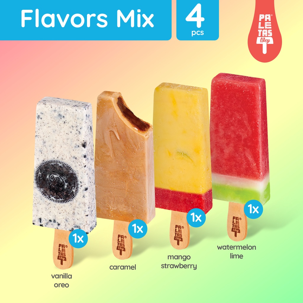 

Es Krim Paletas Wey 1 Vanilla Oreo, 1 Caramel, 1 Mango Strawberry & 1 Watermelon Lime