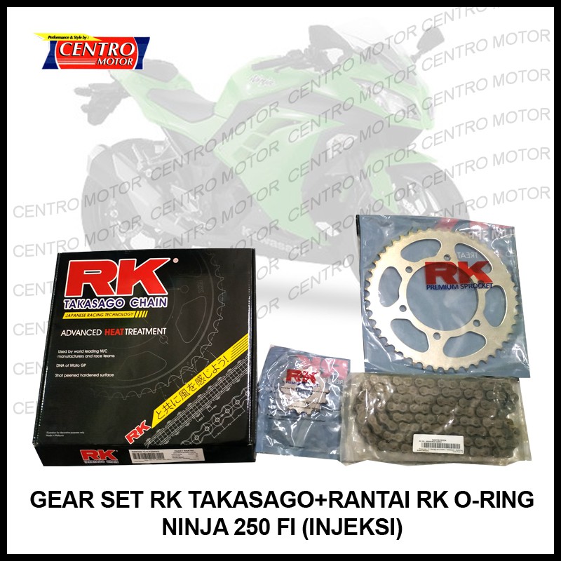GEAR SET RK TAKASAGO+RANTAI ORING KRO UNTUK NINJA250 FI (INJEKSI). HEAVY DUTY,USED IN MOTO GP