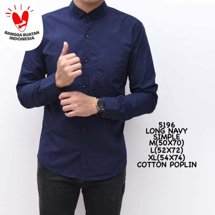 Kemeja Pria Distro Casual Cowok bisa COD Premium Remaja D9W3 Hem Polos Navy Biru Dongker Panjang Sli