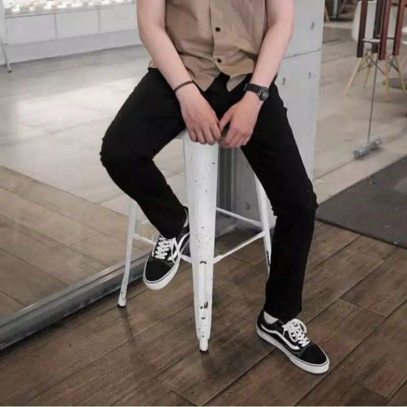 Celana Bahan Pria Cotton Pants Formal Kantor Polos Big Size Bigsize Stretch Hitam