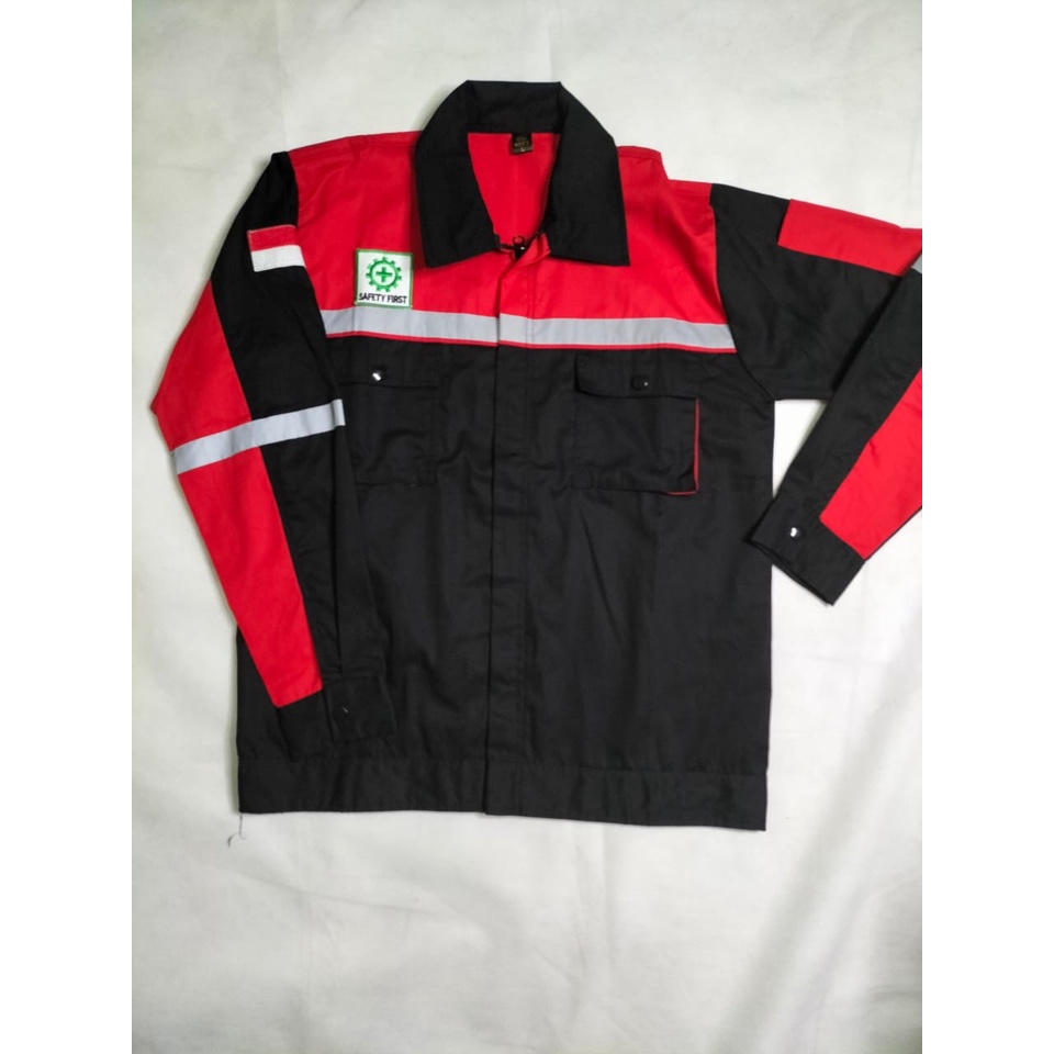 Baju Safety Wearpack Lengan Panjang | Baju Proyek Atasan Hitam-Merah