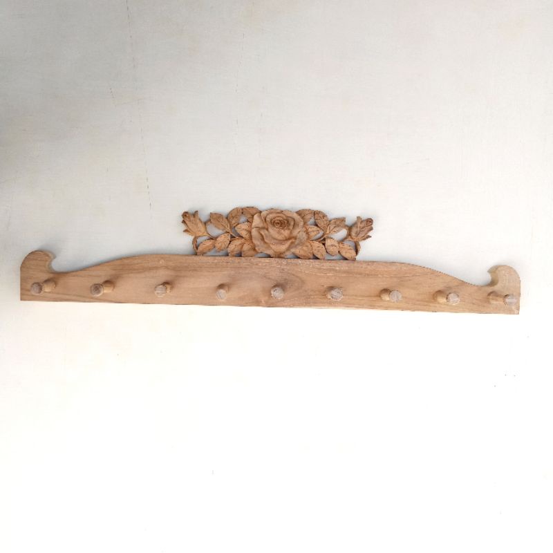 kapstok kayu jati , gantungan baju kayu jati , ukir bunga mawar