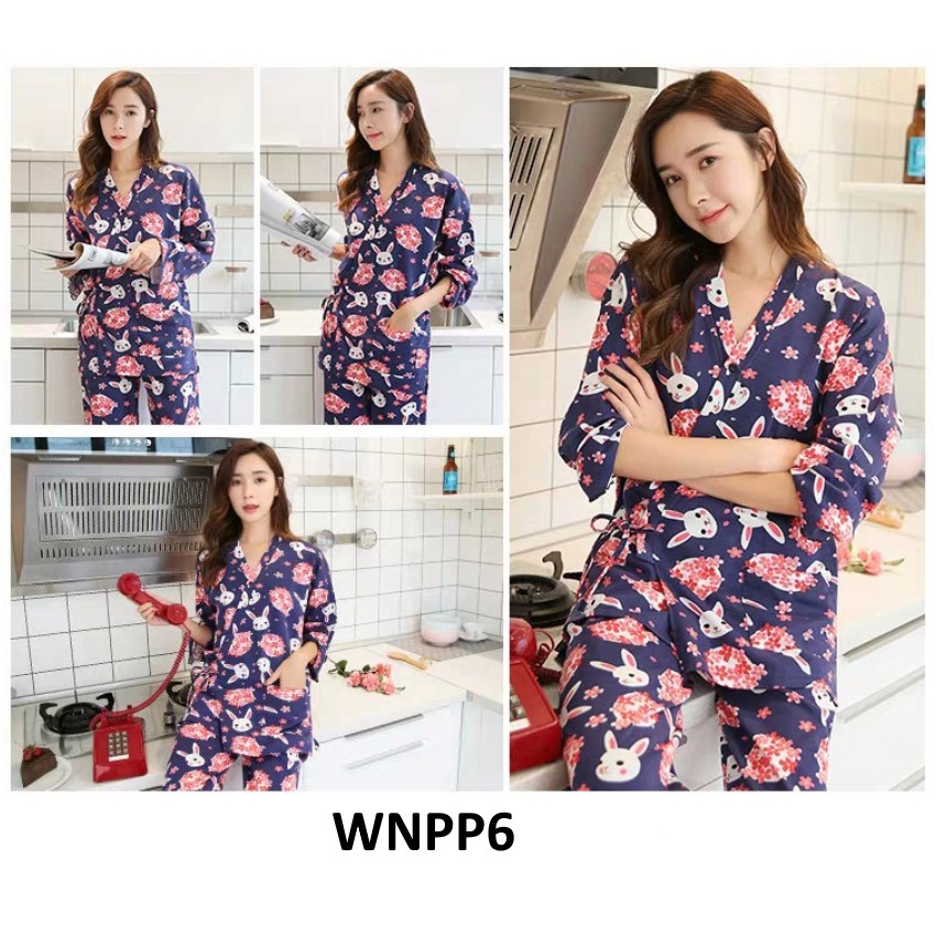 Piyama Wanita Baju Tidur Wanita Rabbit Flower Blue