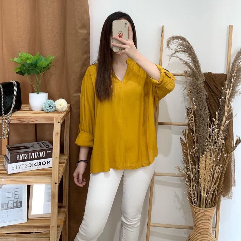 HEVA BLOUSE WANITA BAHAN RAYON CRINKLE TERBARU//SAKURA VNECK SHIRT BLOUSE OVERSIZE-7