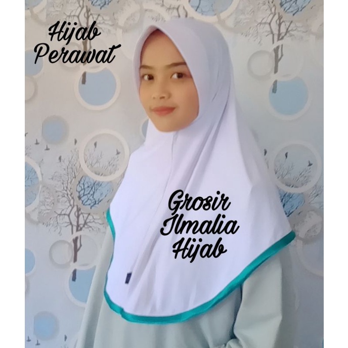 Hijab Suster Terbaru/Jilbab Bidan/Kerudung Perawat/Bergo Instan DinKes, Stikes/Busa Antem Garis Full-Toska bawah