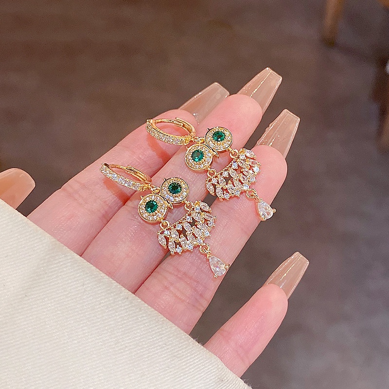 Anting Tusuk Sterling silver 925 Desain Burung Hantu Hias Zircon Hijau Untuk Wanita