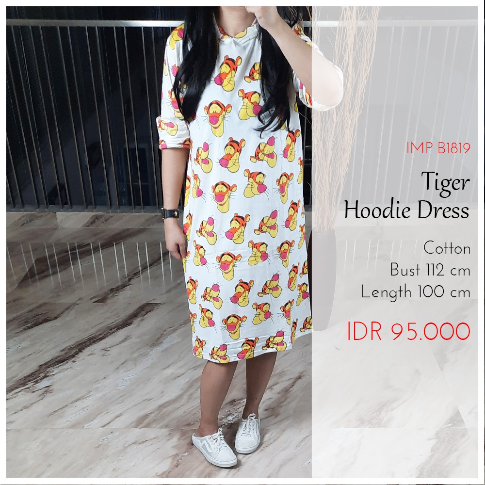Dress Wanita Dress Kartun Tiger Lengan Panjang Casual - Tiger Hoodie Dress
