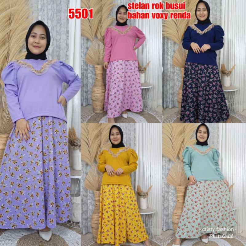 Setelan tunik busui renda polos + rok mayung motif bunga bahan voxy merk cristy (kode 5501)