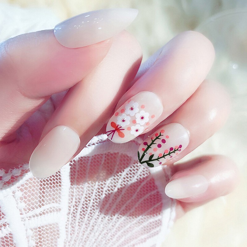 24 pcs kuku palsu + lem set / fake nails tahan air motif bunga jepang oval natural with glue