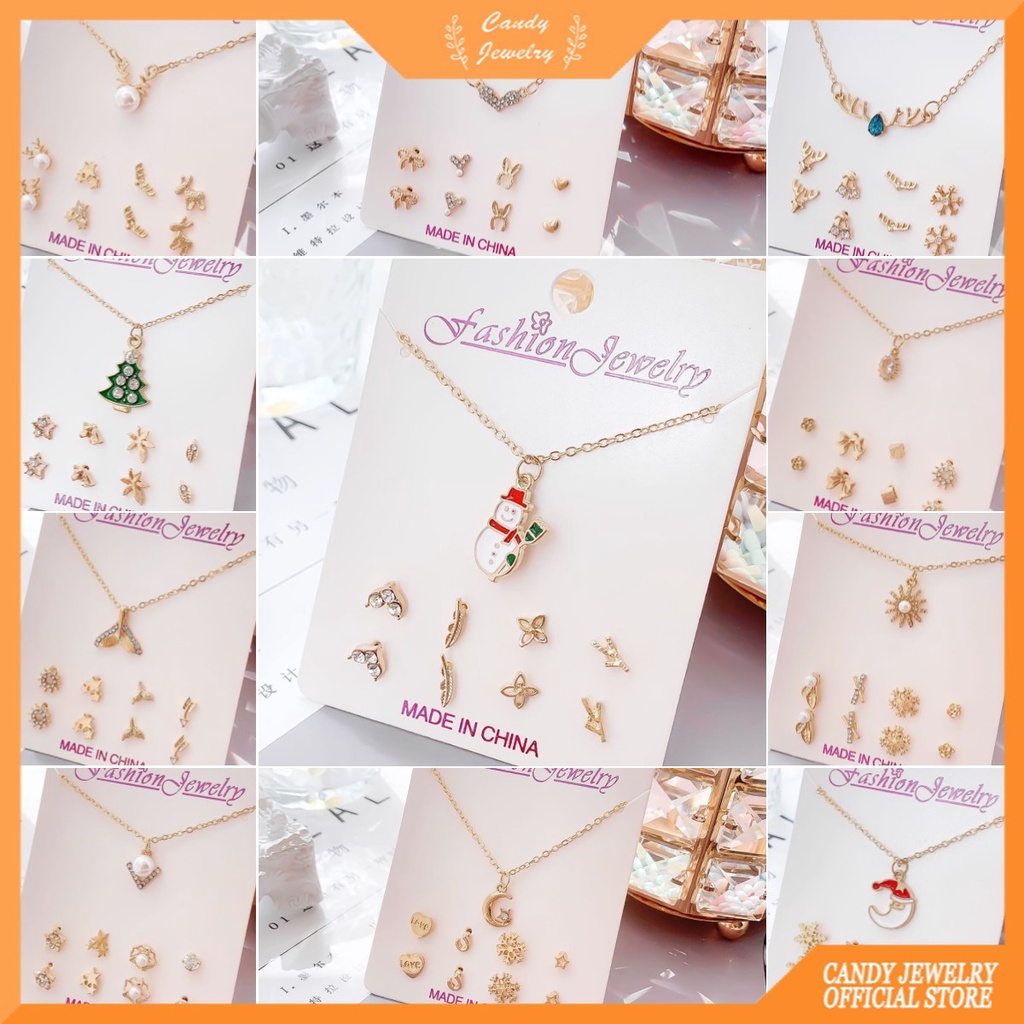 Set Kalung Rantai + Anting Tusuk Gaya Korea Warna Permen Untuk Perhiasan Wanita / Natal