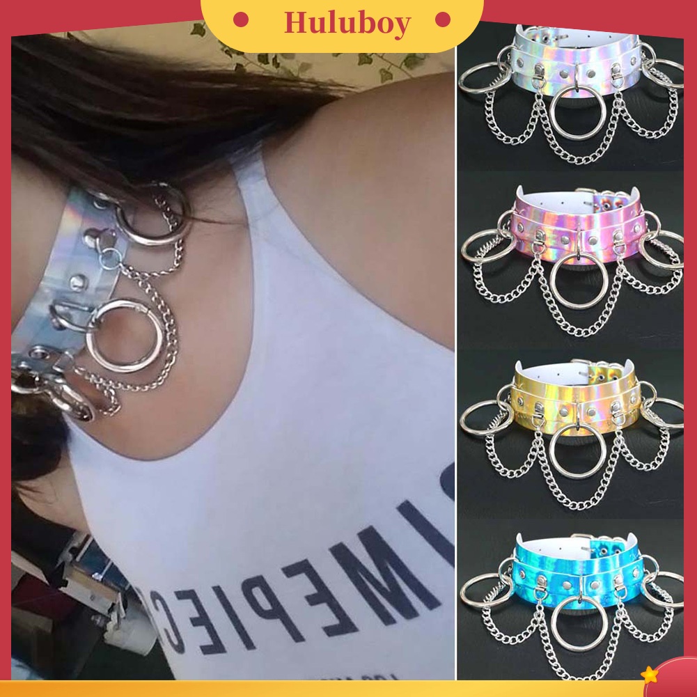 Hu Hu Hu Hu Hu Alat Bantu Pasang Kacamata♡ Kalung Choker Rantai Adjustable Warna Laser Gaya Punk Untuk Wanita