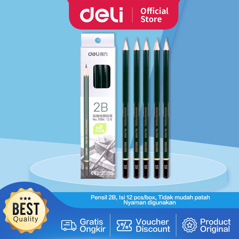 Deli Graphite Pencil 2B / Pensil Kayu 2B 12pcs/Box Hitam Pekat Desain Warna Hijau 7084