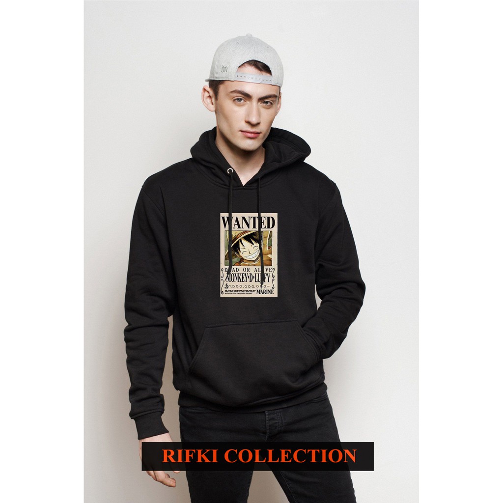 sweater hoodie anime one piece wanted luffy - jaket anak