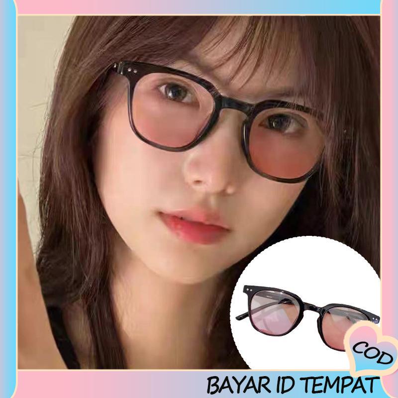 COD❤️ Gradient Pink Blush Glasses Wanita Trendi Wajah Bulat Kacamata Bingkai Hitam untuk Foto-A.one