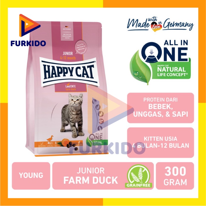 Happy Cat Junior Farm Duck Grainfree 300 Gr / Makanan Kering Kucing