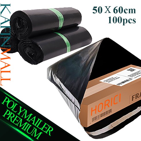 Plastik Packing Olshop PE Polymailer 50x60cm Lem Perekat Isi 100pcs Anti Plong Hitam Glossy Tebal