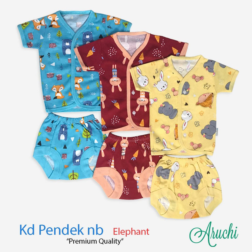 ♥BabyYank♥ ARUCHI STELAN BAJU BAYI KANCING DEPAN TANGAN PENDEK NEW BORN 0-3BULAN ANIMAL ELEPHANT