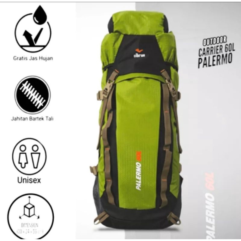 TAS RANSEL CARRIER GUNUNG ELBRUS PALERMO 60ltr MURAH MERIAH BERKUALITAS BONUS RAINCOVER