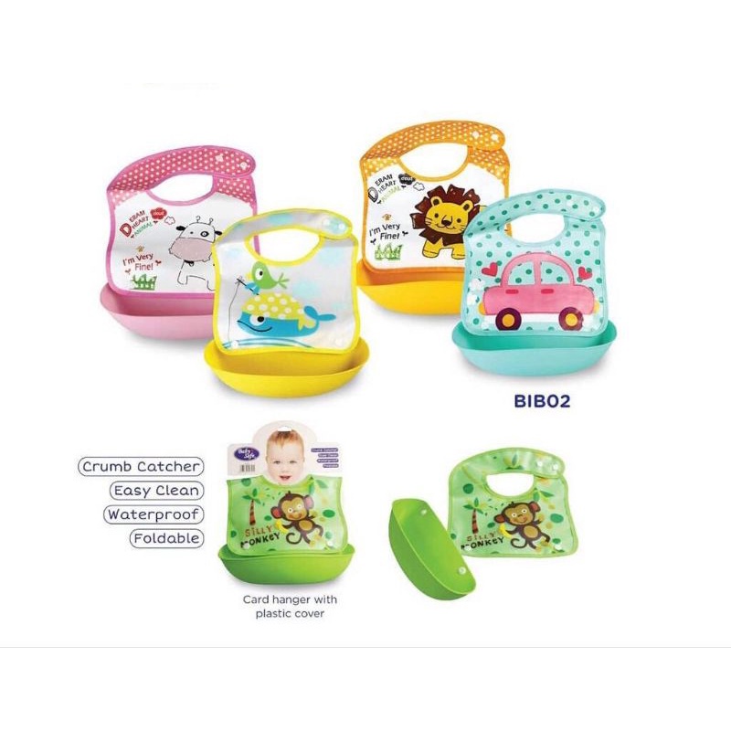 Baby safe alas makan selaber slaber bib lipat kantong crumb catcher plastik