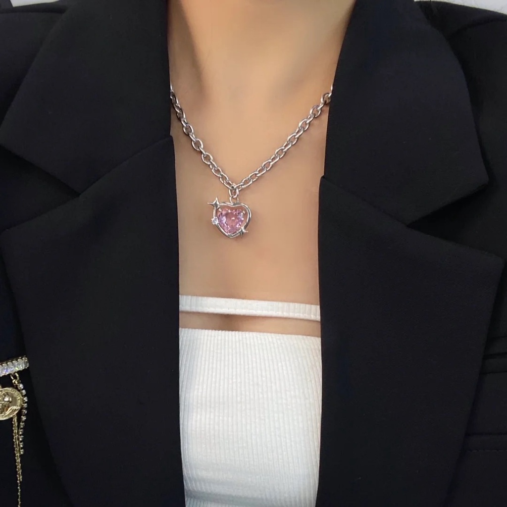 Kalung Rantai Dengan Liontin Hati Hias Batu Zircon Untuk Wanita Barbie