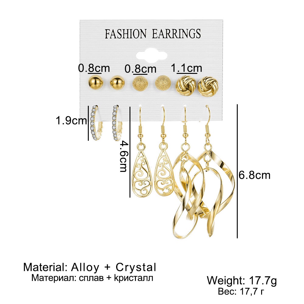 6 Pasang / Set Anting Drop Bahan Logam Warna Emas Gaya Elegan Untuk Wanita