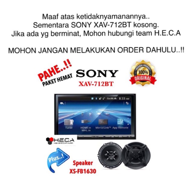 Paket Audio Mobil Sony XAV-712BT Tape XAV712BT Double Din XAV 712 BT XAV 712BT + Speaker XS-FB1630