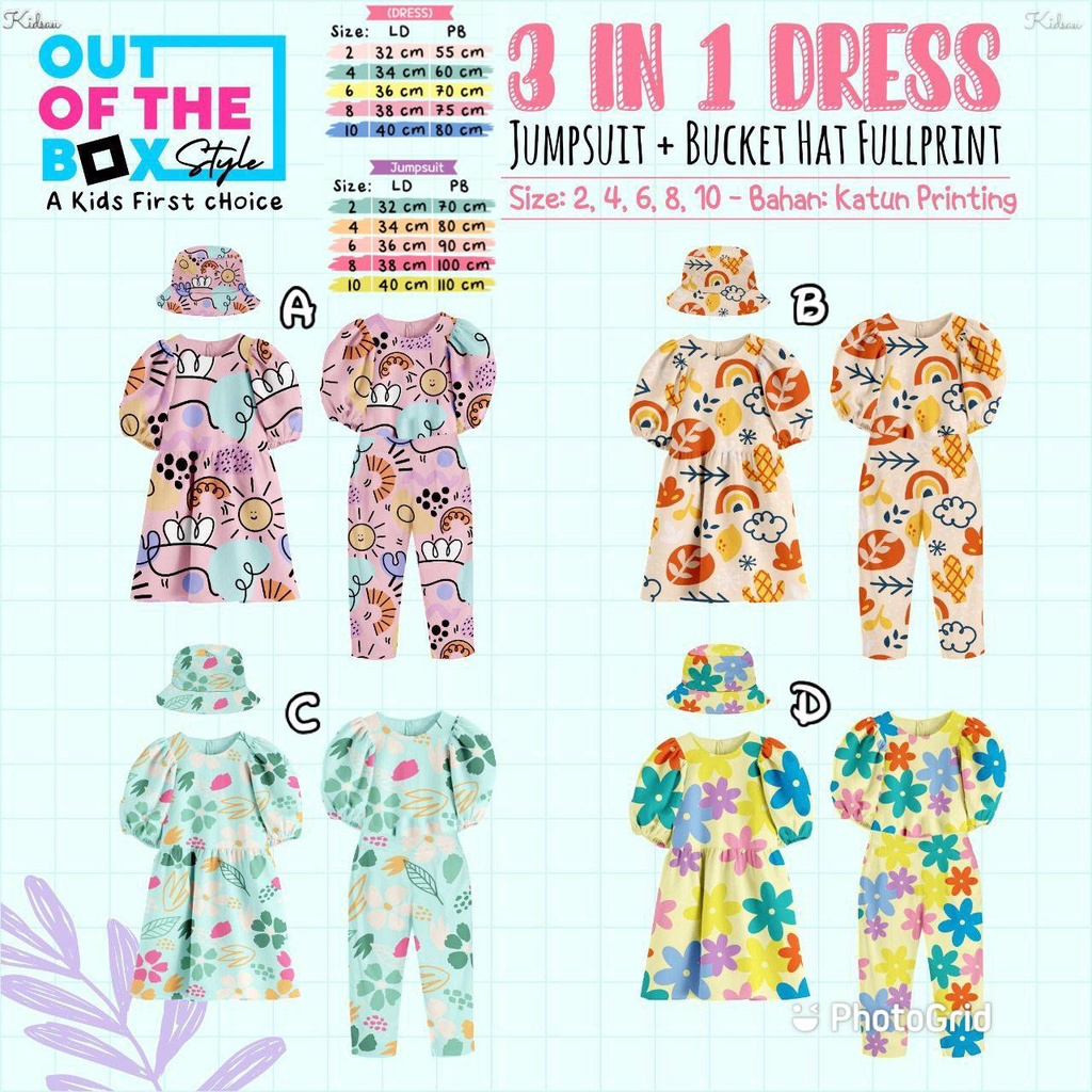 Dress anak 3in1 Dress + Jumpsuit + Bucket hat by OOTB