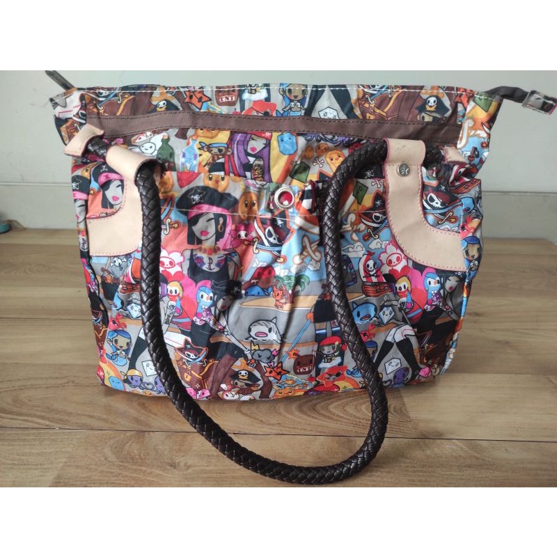 Preloved Tas Tote Bag Print Cartoon Mix PU Leather Size Besar