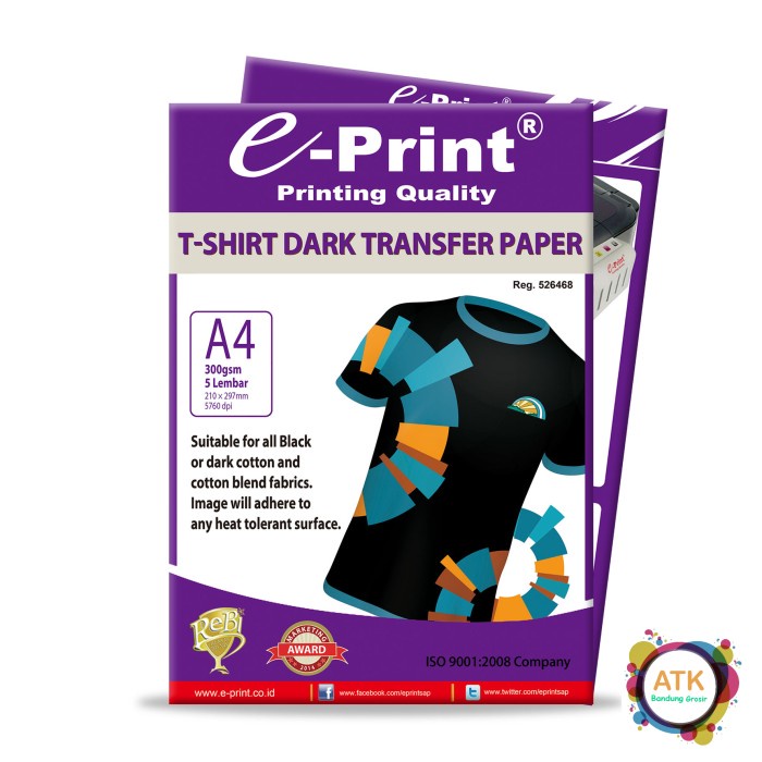 

(DISKON TERMURAH) Kertas Sablon E-print T-shirt Dark Transfer Paper Ukuran A4 230 Gsm