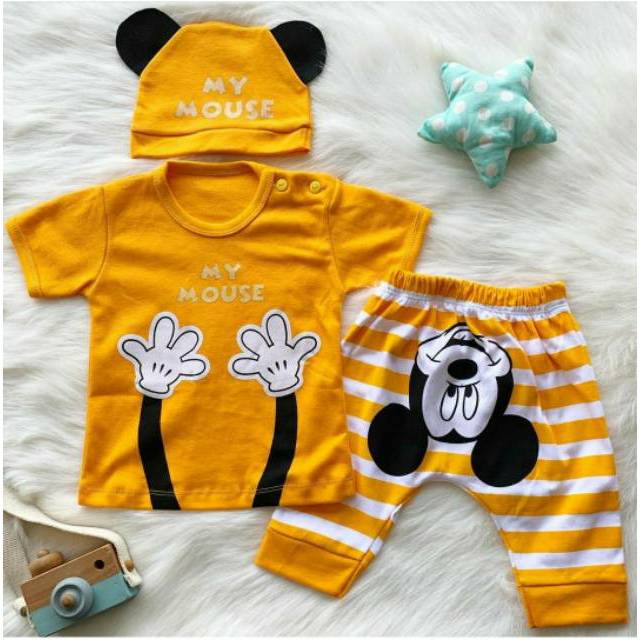 Baju setelan 0-3 tahun kaos celana topi mickey lucu bestseller anak bayi cowok laki murah -mym