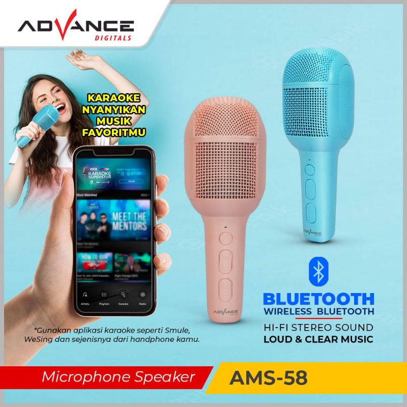 Advance Mic Bluetooth Karaoke Microphone Advance AMS-58 Speaker Bluetooth Wireless Pengubah Suara Mikropon Wireless Smule Speaker Portable