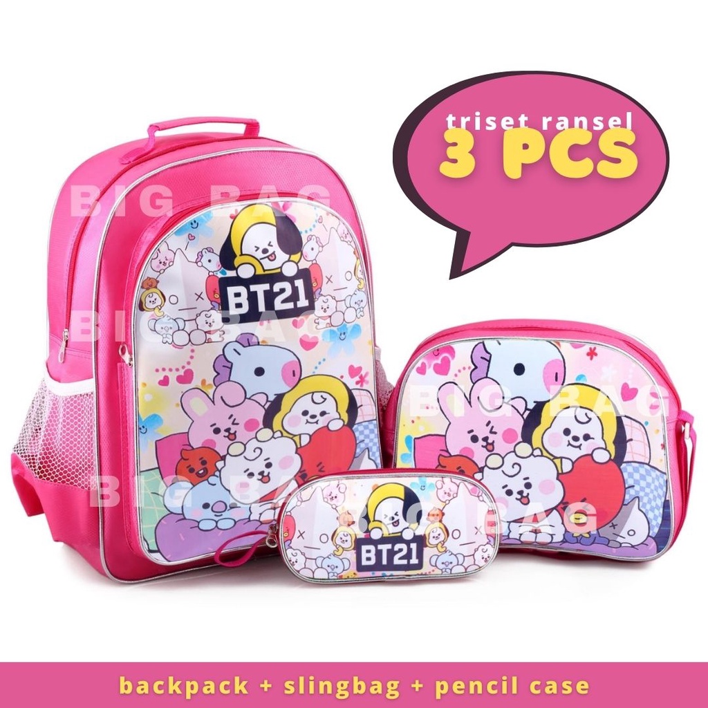 Tas Sekolah Anak SD / TK Karakter Kartun - TRIPLE SET TAS BOBA / KITTY / BT*S