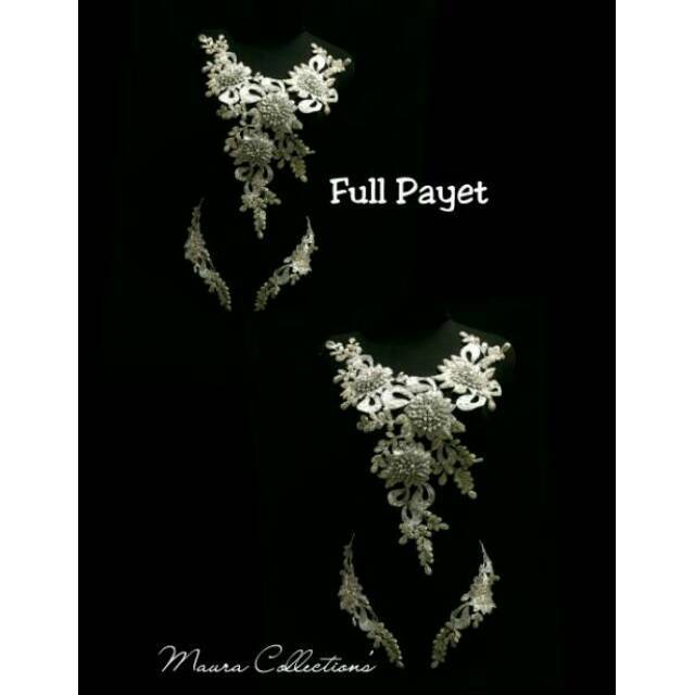 Renda Bordir Kerah Bunga Silver Full Payet