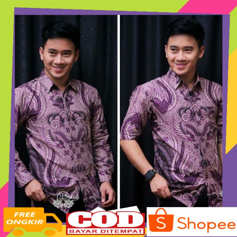Baju Batik Kondangan Kemeja Batik Cowok Lengan Panjang Motif Klasik Ungu