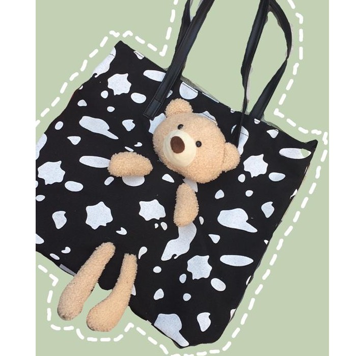 Tas Tote Bag Bahu Shoulder Ukuran Besar Kanvas Motif Boneka Beruang Bear Lucu Impor 2038#