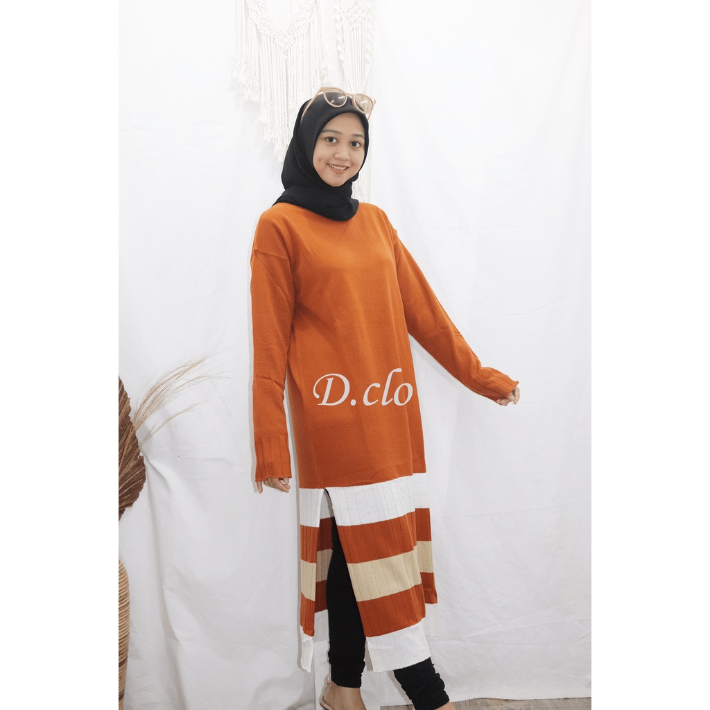Adista Tunik / Baju Rajut Wanita Remaja Import Premium Tebal Motif Salur 3 Warna / Dress Rajut